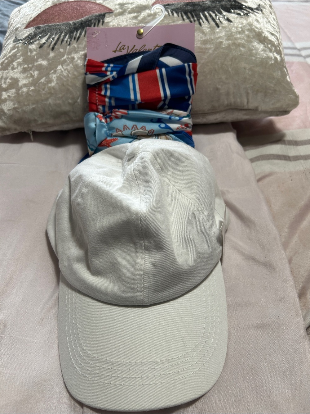 White Women's Baseball Cap with Multicolor Headband Set NWT
